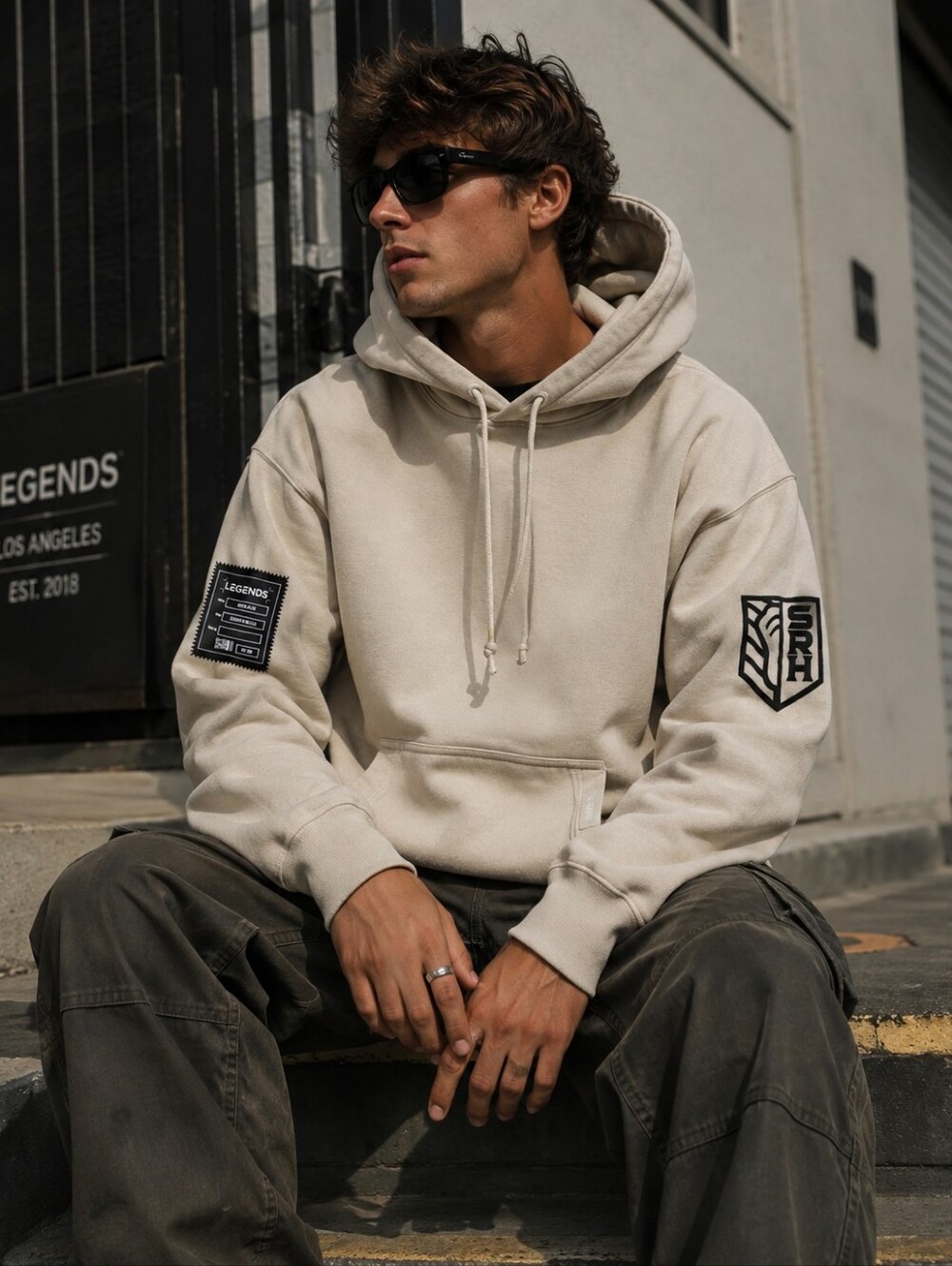 Legends Heavyweight Fleece Hoodie Large Cream Beige Streetwear Patch Made in USA - Picture 1 of 12